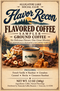 A vintage-style coffee sampler package labeled 'Flavor Recon' by Alligator Lake Social Club. The design features a warm cream background with dark navy typography, a mug with the Alligator Lake logo, and illustrated coffee-flavored ingredients including cinnamon sticks, hazelnuts, caramel squares, chocolate, and a vanilla flower.