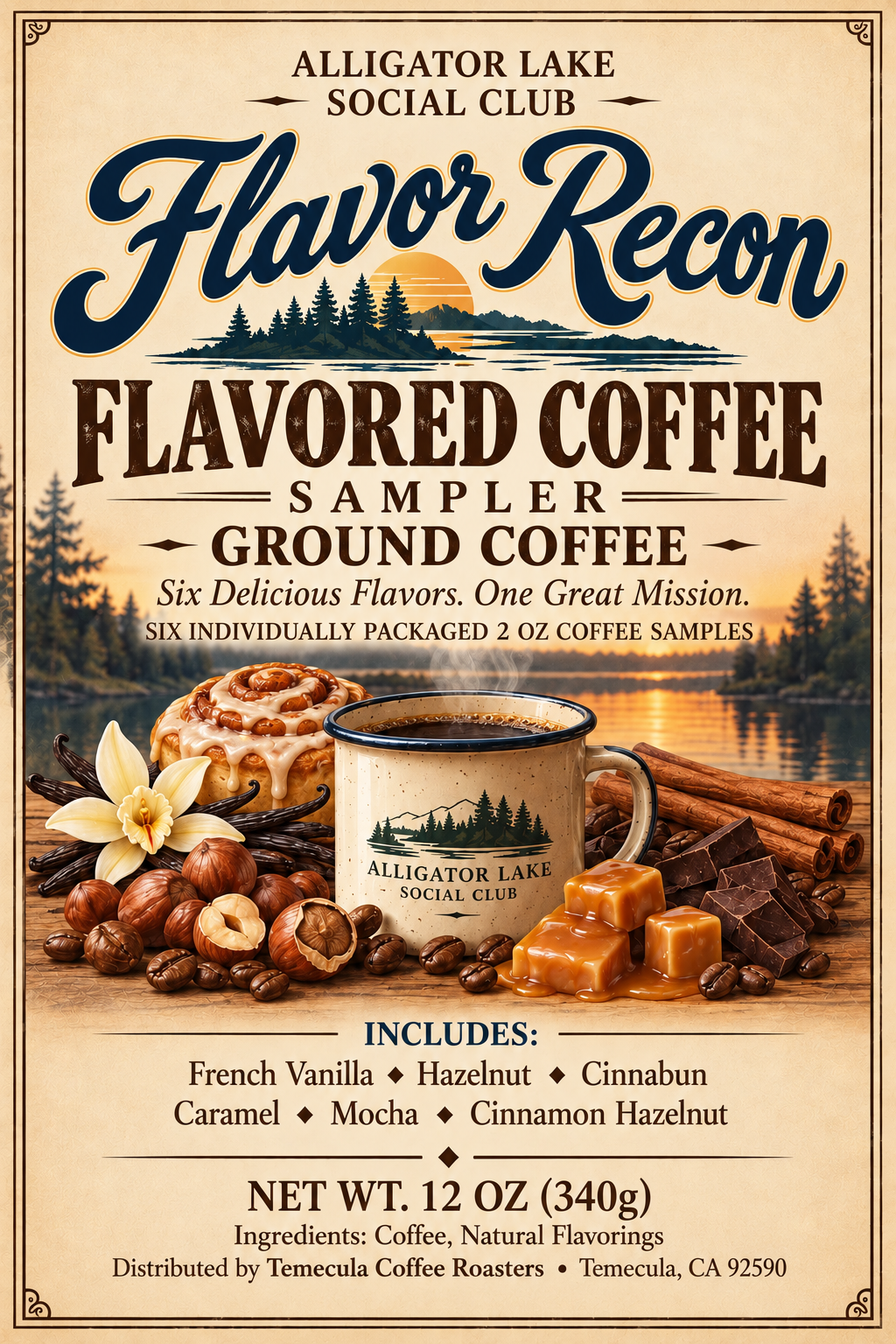 A vintage-style coffee sampler package labeled 'Flavor Recon' by Alligator Lake Social Club. The design features a warm cream background with dark navy typography, a mug with the Alligator Lake logo, and illustrated coffee-flavored ingredients including cinnamon sticks, hazelnuts, caramel squares, chocolate, and a vanilla flower.