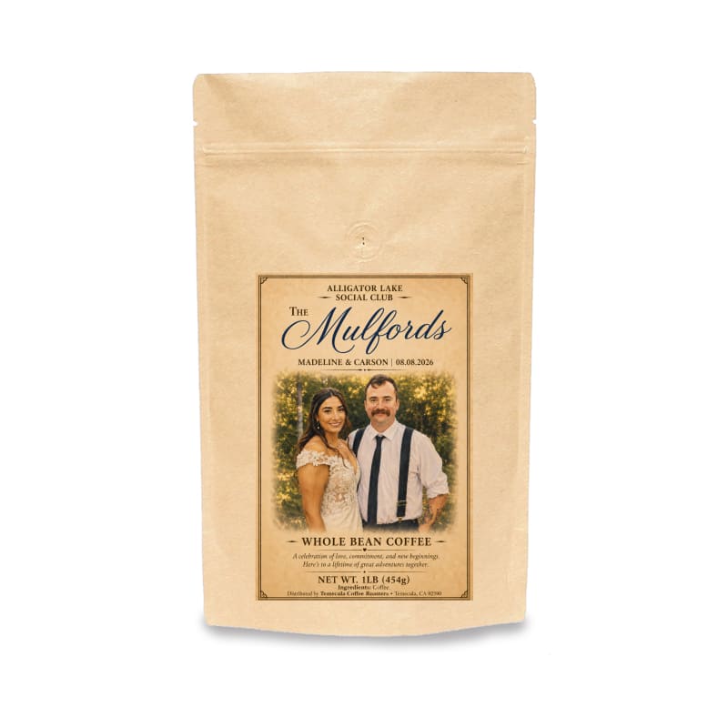 A kraft paper stand-up pouch of The Mulford's Whole Bean Coffee on a plain white background.